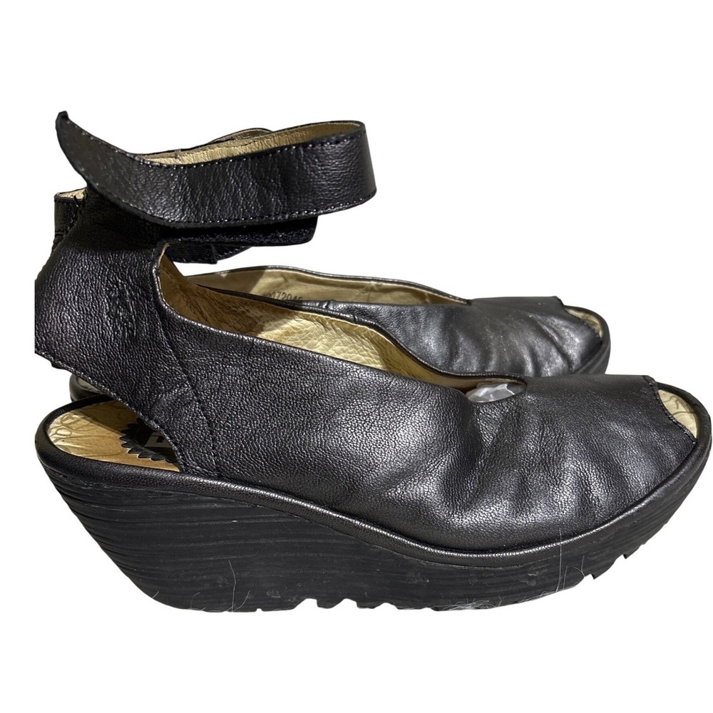 Fly London Black Leather Peep Toe Ankle Strap Wedge Platform Sandals 39